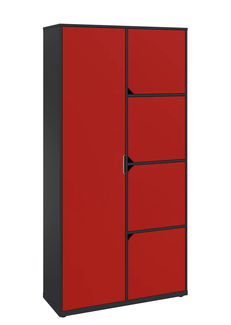 KSR6-82 L skříň šatní, 1x výsuvné ramínko, 4x dvířka, 2053x1022x400 mm, provedení levé, antracit/červená